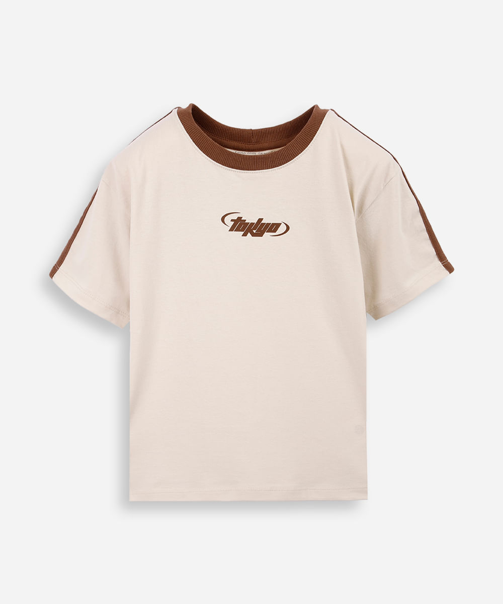 camiseta infantil tokyo com gola contrastante bege