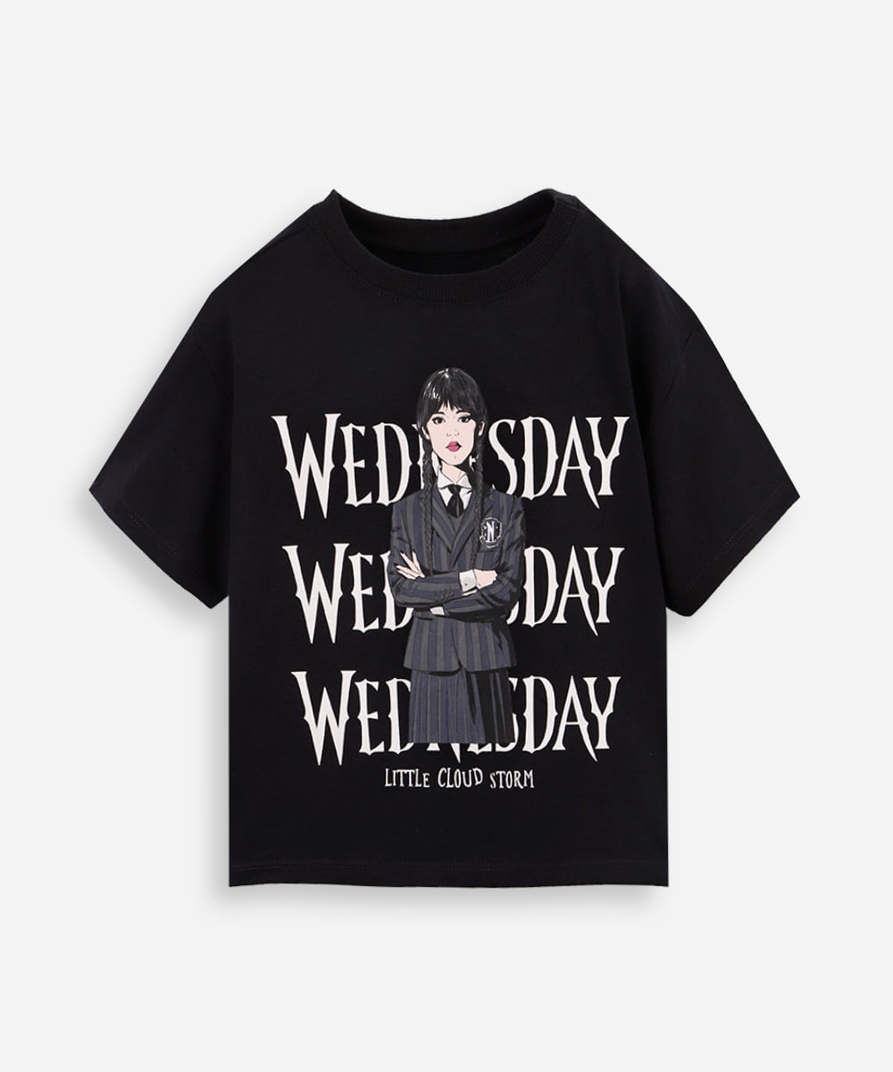 camiseta infantil wandinha nova arte preta