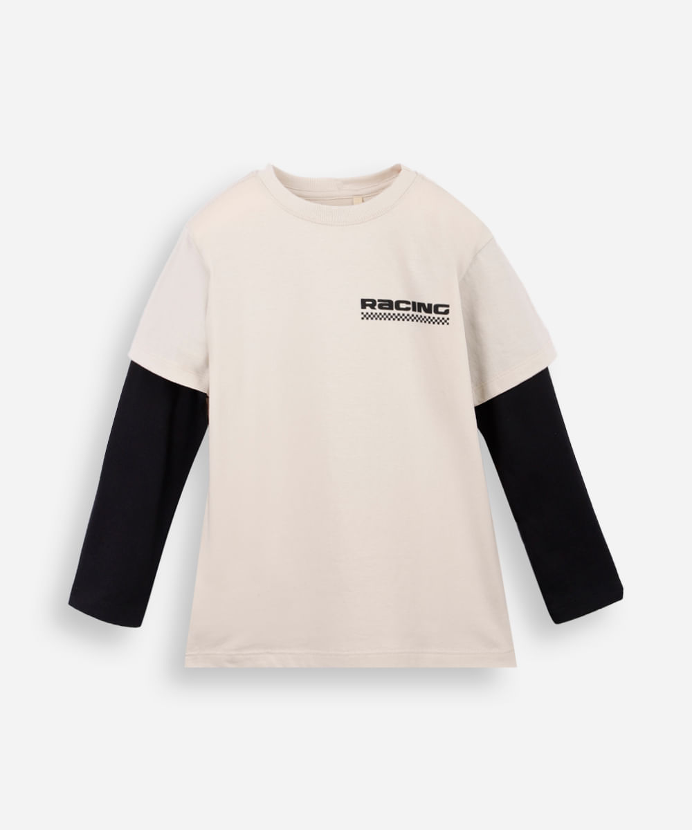 camiseta infantil de algodão manga longa estampada bege