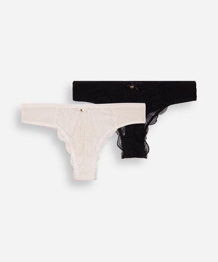 kit de 2 calcinhas fio dental com renda e tule poá colorido P kit de 2 calcinhas fio dental com renda e tule poá colorido P