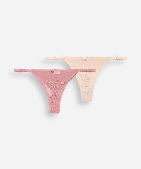 kit de 2 calcinhas fio dental com renda e tule poá colorido P kit de 2 calcinhas fio dental com renda e tule poá colorido P