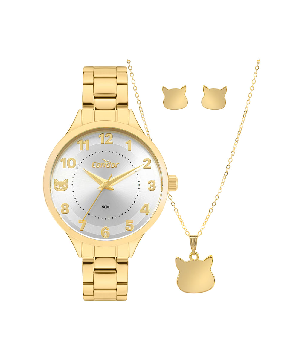 kit relógio feminino condor analógico co2035nklk4k dourado