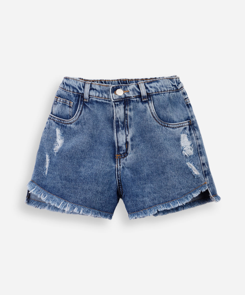 Vista 2 short mom juvenil jeans barra assimétrica destroyed azul C&A Jeans Medio C&A Jeans Medio