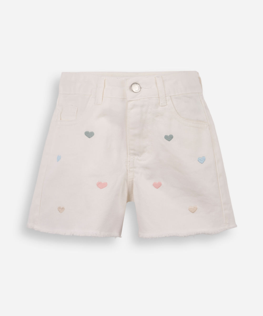 short mom infantil de sarja corações barra desfiada off white