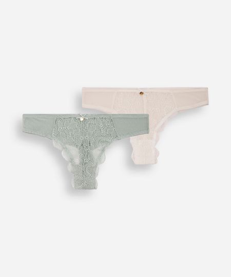 kit de 2 calcinhas fio dental com renda e tule poá colorido G kit de 2 calcinhas fio dental com renda e tule poá colorido G