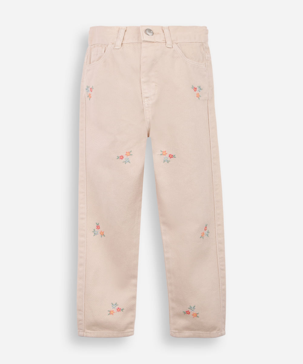 calça reta infantil de sarja floral bege