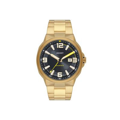 relógio masculino orient solartech analógico calendário mgss1302 p2kx dourado