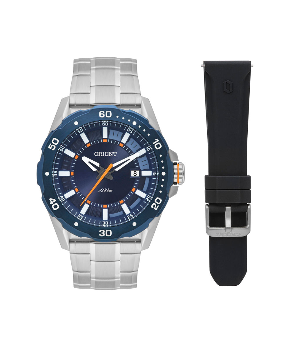kit relógio masculino orient analógico calendário mbss1478d1sx prateado
