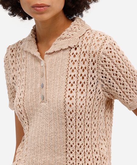 polo feminina em tricot mix de pontos bege PP polo feminina em tricot mix de pontos bege PP