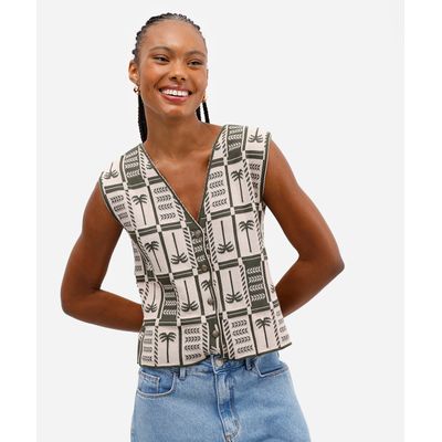 tricot feminino coqueiros com botões personalizados verde
