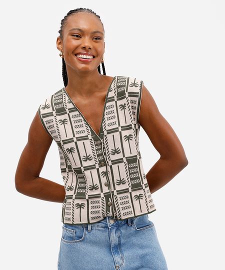 tricot feminino coqueiros com botões personalizados verde M