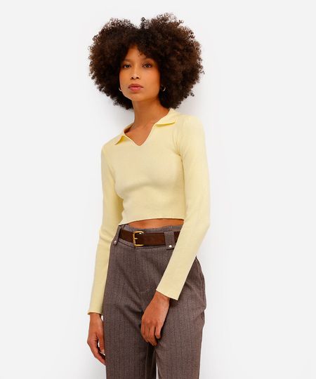 polo básica feminina de tricot manga longa amarela GG