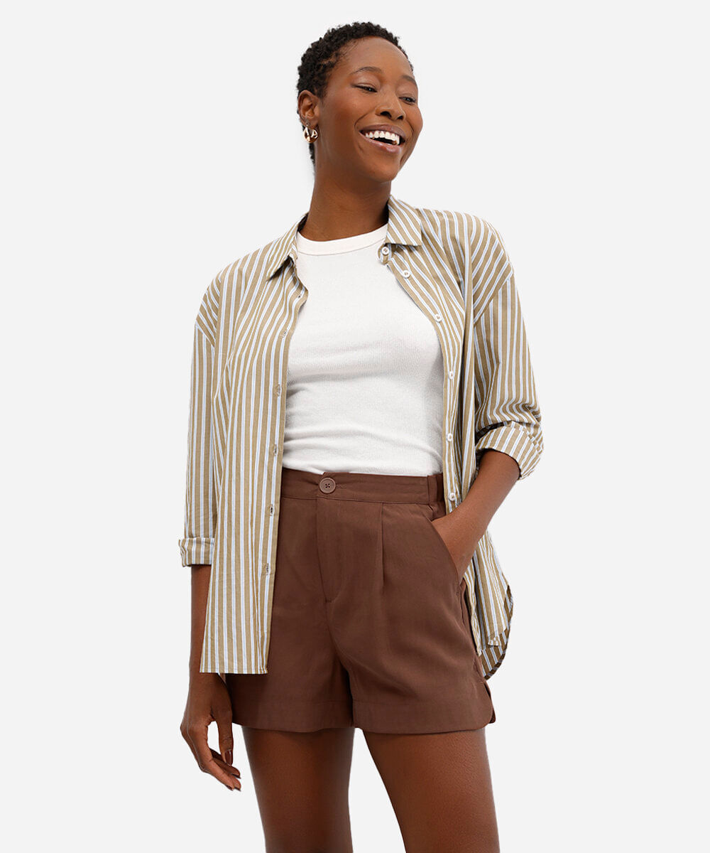 short feminino de alfaiataria de viscose cintura alta marrom