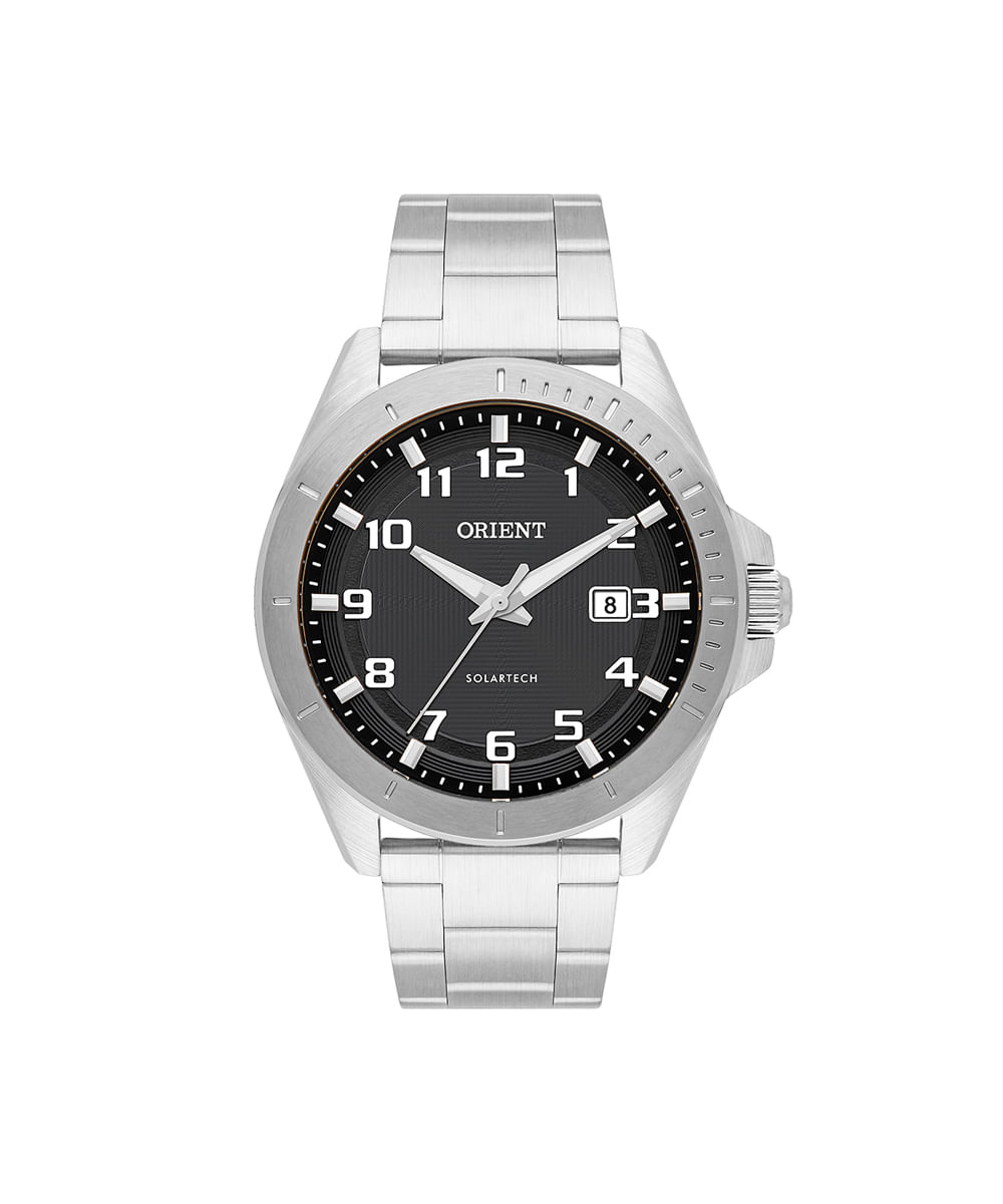 relógio masculino orient solartech analógico calendário mbss1507 p2sx prateado