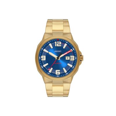 relógio masculino orient solartech analógico calendário mgss1302 d2kx dourado