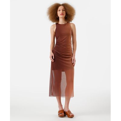 vestido midi feminino de tule franzido degradê marrom