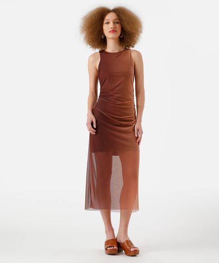 vestido midi feminino de tule franzido degradê marrom M
