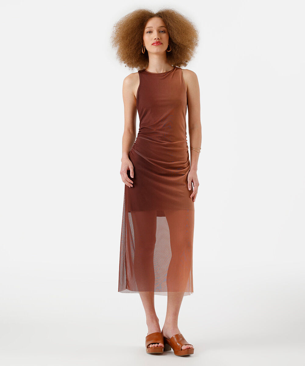 vestido midi feminino de tule franzido degradê marrom