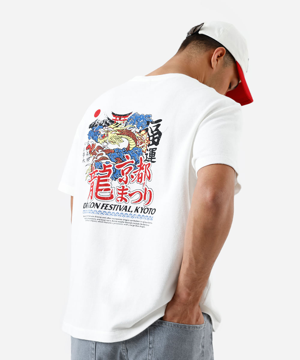 camiseta masculina box fit dragão moletom off white