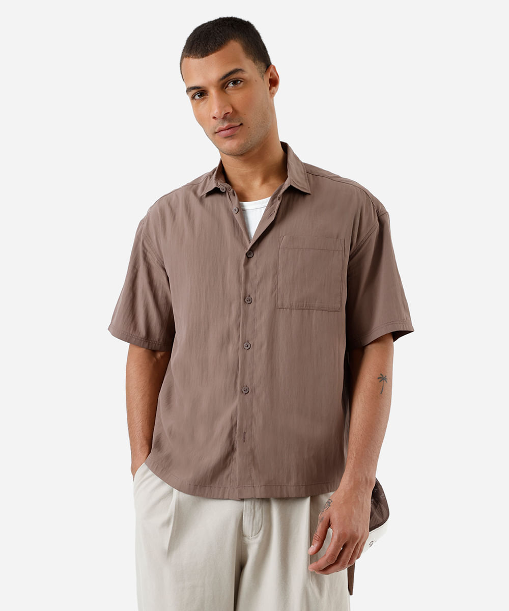 camisa box masculina manga com bolso marrom