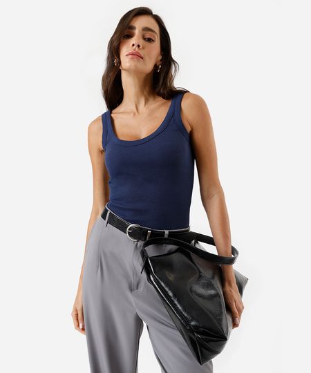 regata feminina de algodão canelada azul P regata feminina de algodão canelada azul P