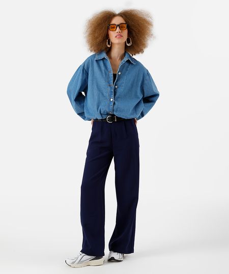 calça wide leg feminina com viscose cós elástico azul 36 calça wide leg feminina com viscose cós elástico azul 36