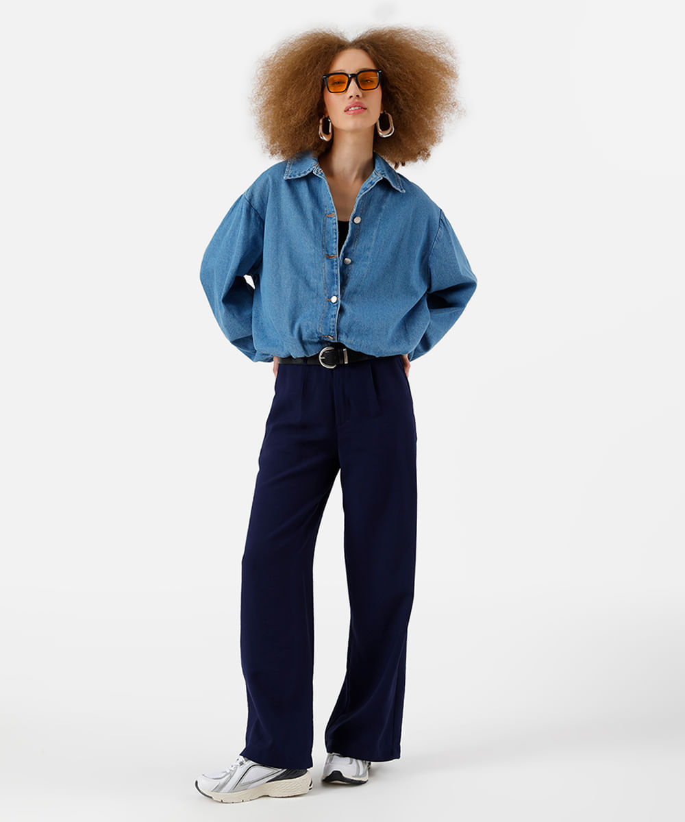 calça wide leg feminina com viscose cós elástico azul