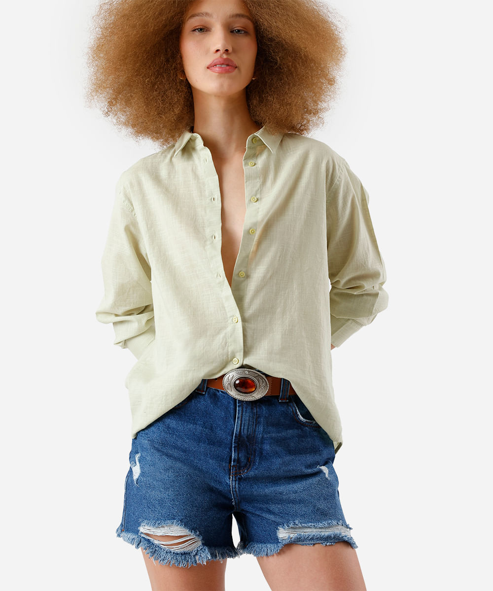 short feminino jeans cintura alta destroyed azul