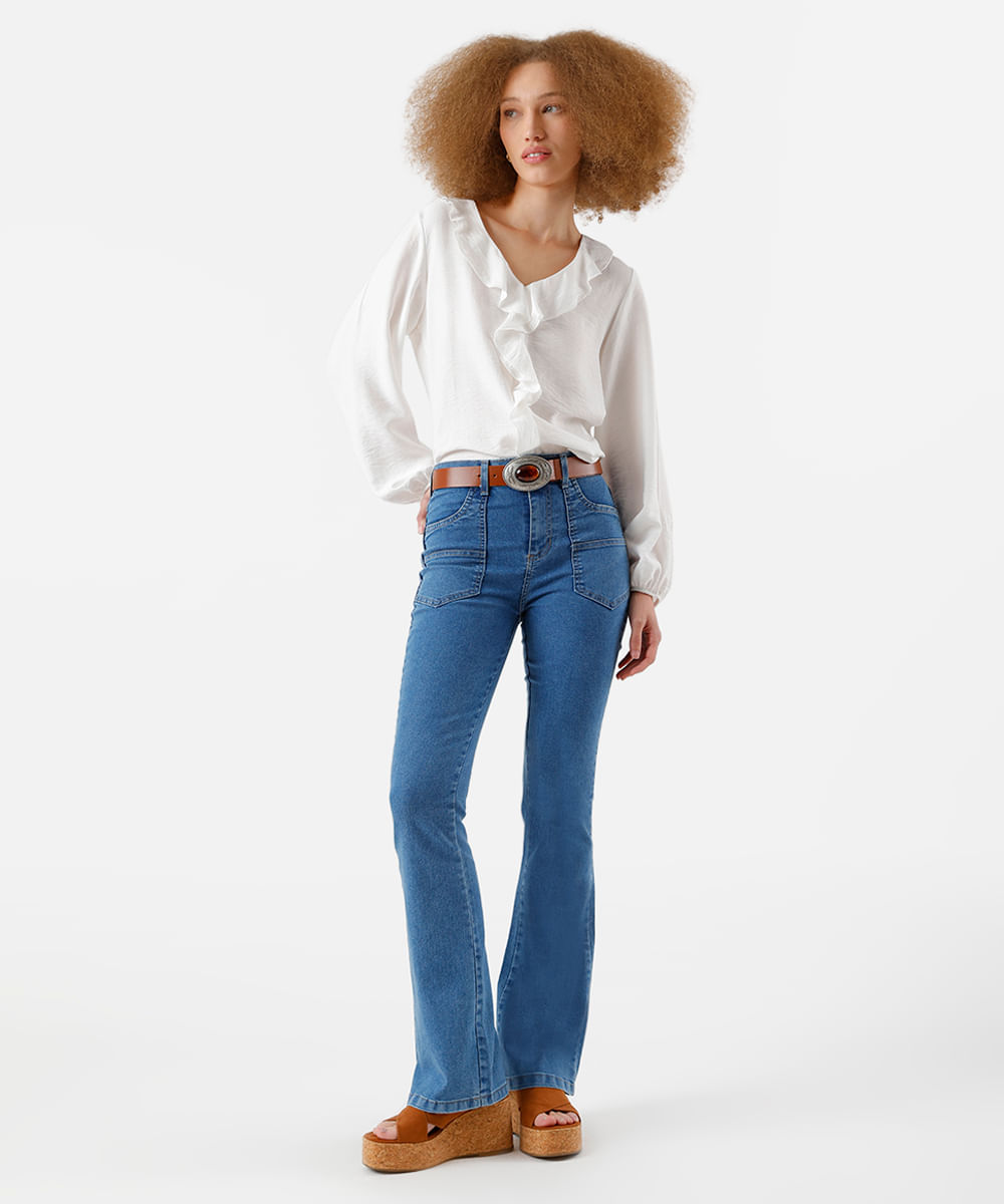 calça flare feminina jeans cintura alta sawary azul