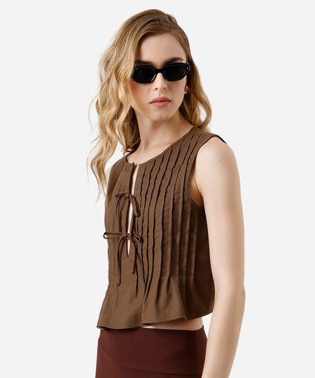 blusa feminina com linho e pregas marrom M blusa feminina com linho e pregas marrom M