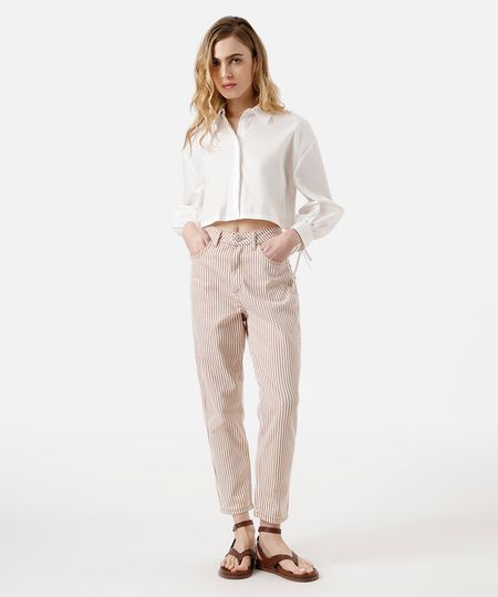 calça mom feminina de sarja listrada bege 34 calça mom feminina de sarja listrada bege 34