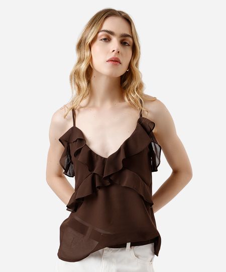 regata feminina alça fina com babados marrom P regata feminina alça fina com babados marrom P