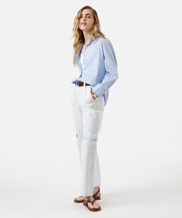 calça wide leg slim feminina de sarja com bolsos listrada azul 44