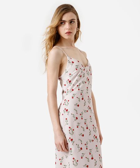 vestido midi feminino alça fina com fenda floral bege G