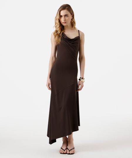vestido midi feminino decote degagê assimétrico marrom P vestido midi feminino decote degagê assimétrico marrom P