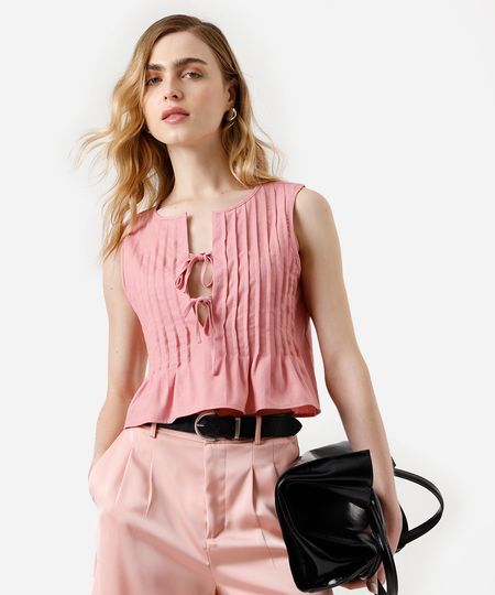 blusa feminina com linho e pregas rosa PP