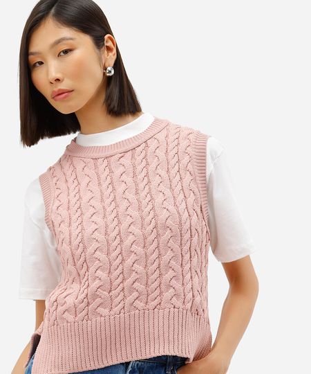 colete feminino de tricot texturizado rosa PP