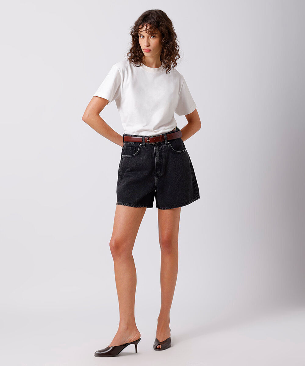 short jeans cintura alta com bolsos mindset preto