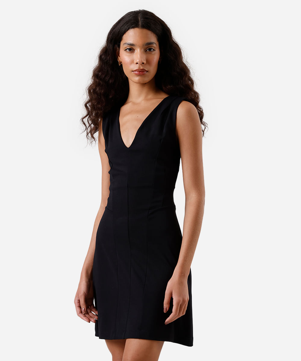 vestido curto feminino decote v com recortes preto