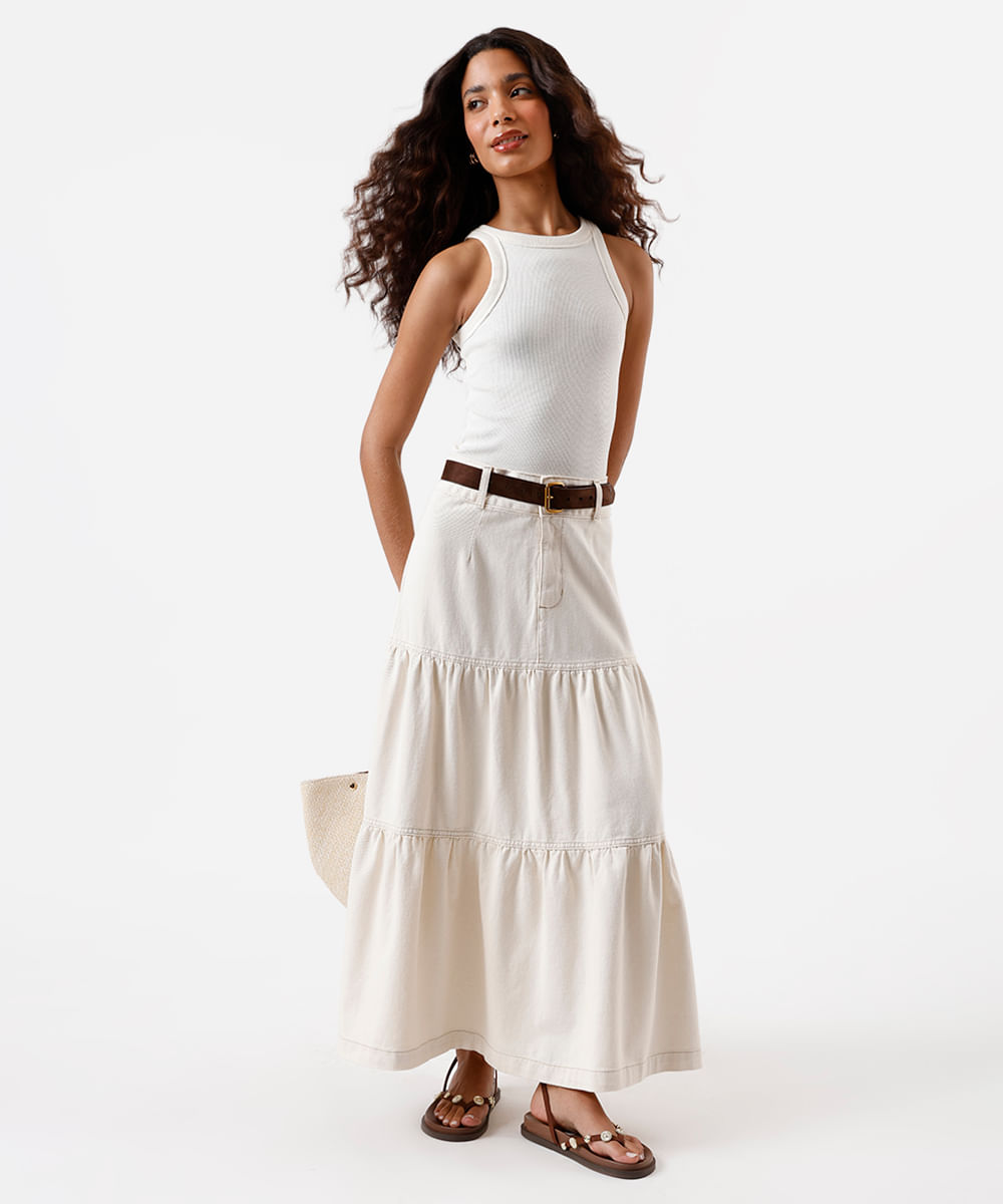 saia midi feminina de sarja com recortes e fenda bege