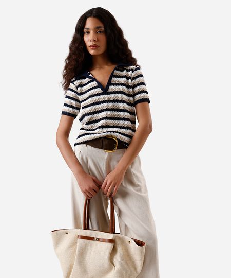 polo feminina de tricot texturizada listrada azul M