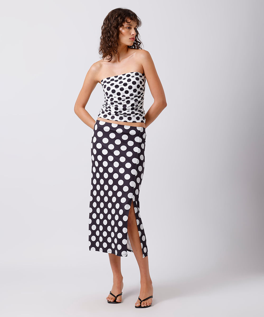 saia midi feminina com fenda poá mindset preta