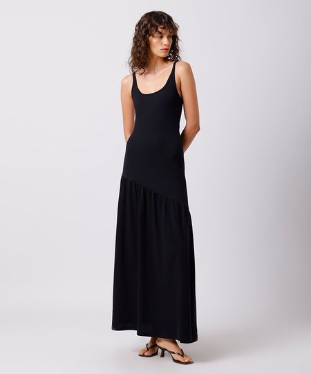 vestido longo feminino assimétrico canelado mindset preto P vestido longo feminino assimétrico canelado mindset preto P
