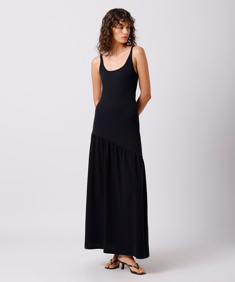 vestido longo feminino assimétrico canelado mindset preto