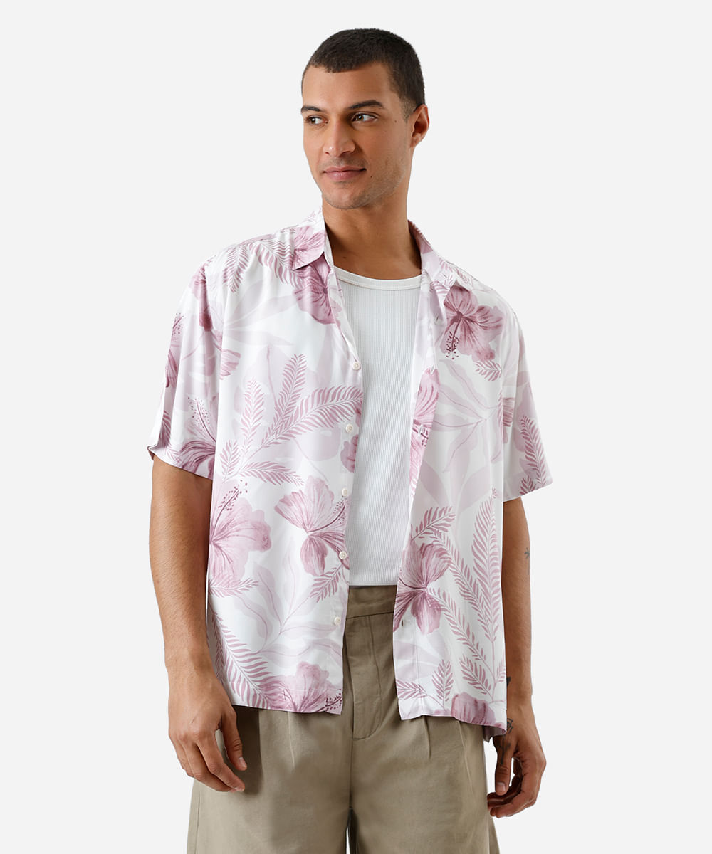 camisa masculina de viscose manga curta floral rosa
