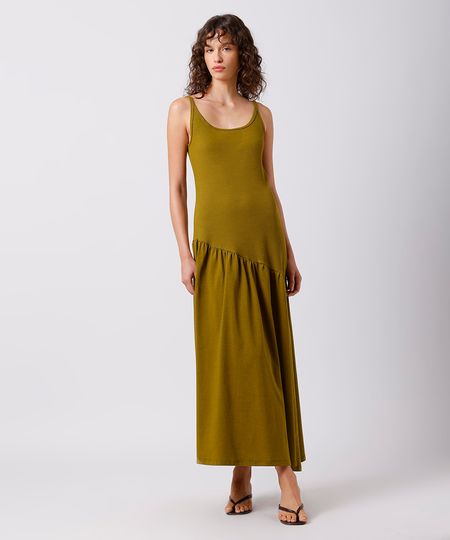 vestido longo feminino assimétrico canelado mindset verde M