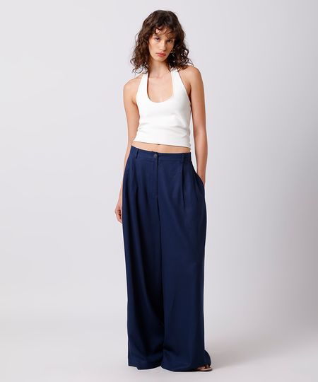 calça wide leg feminina de alfaiataria com pregas e linho mindset azul 36