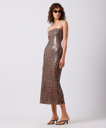 vestido midi feminino sem alça paetê animal print mindset colorido PP vestido midi feminino sem alça paetê animal print mindset colorido PP