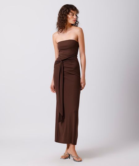 vestido midi feminino sem alça com franzido mindset marrom M vestido midi feminino sem alça com franzido mindset marrom M