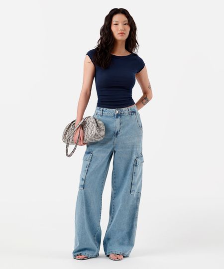 calça skater feminina jeans com bolso cargo azul 36 calça skater feminina jeans com bolso cargo azul 36